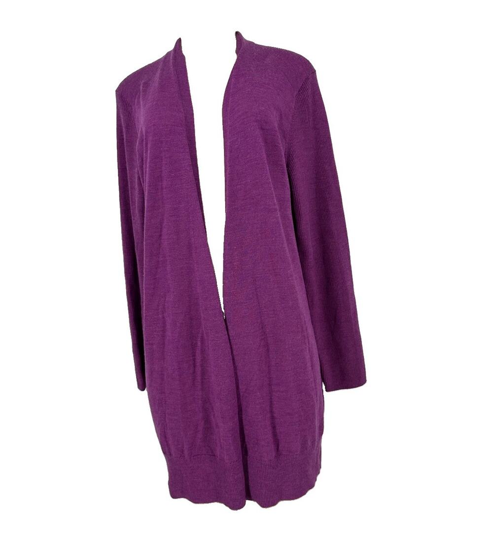 Eileen Fisher Women Large Open Front Merino Wool Knit Cardigan Sweater AR7